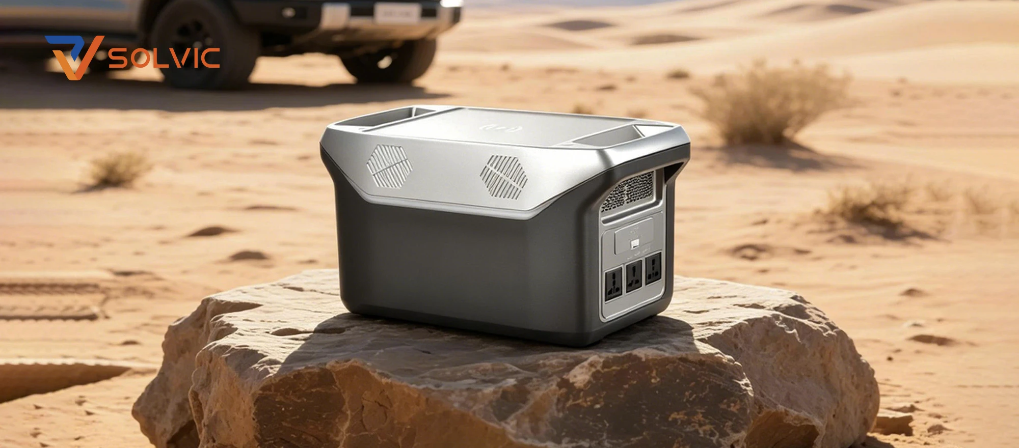 Double handles 500W-2000W portable power station outdoor travel banner – camping scene with tent and SUV, powering lights and devices in nature for off-grid adventure